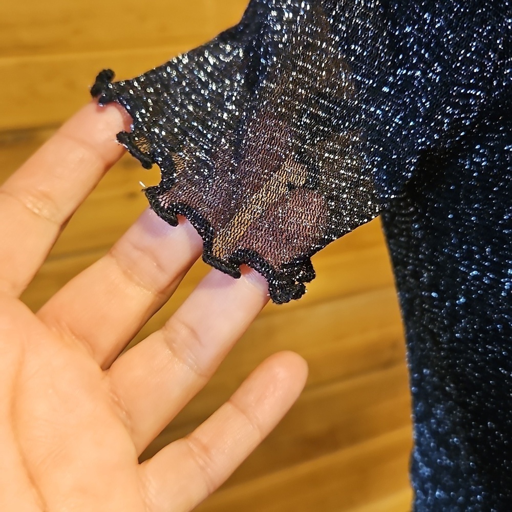 Sheer Glitter Black Fitted Stretchy Top XS Shimmer Whimsigoth - Picture 3 of 5